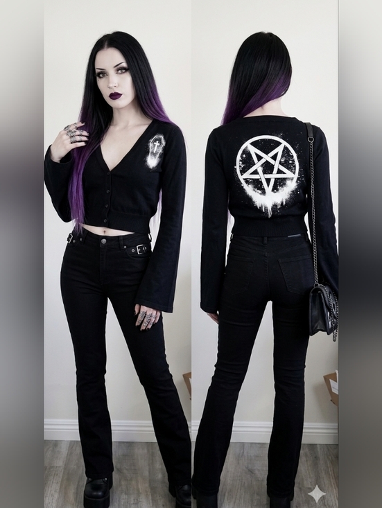 Too Fast Sweaters - NWT Too Fast Gothic Black Pentagram Cropped Cardigan Bell Sleeves, Med